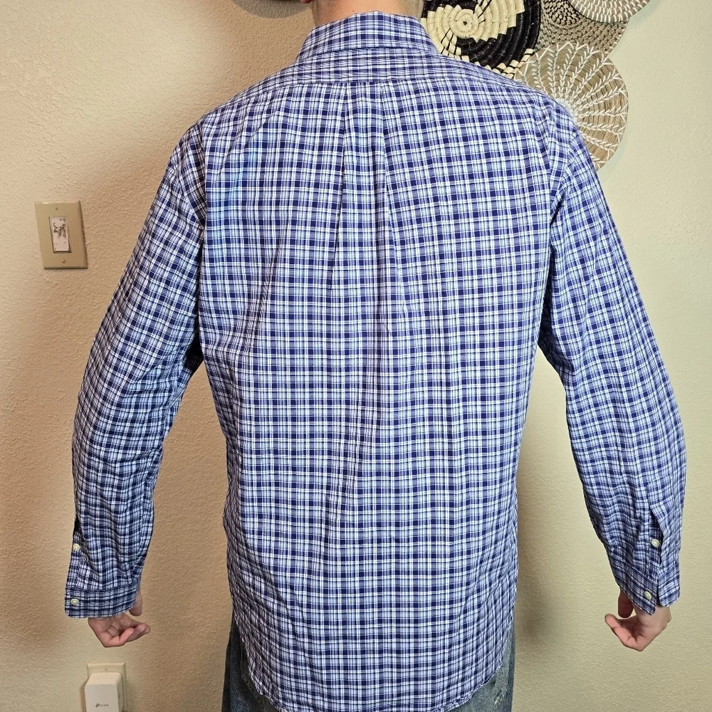 POLO RALPH LAUREN BLUE WHITE NAVY PLAID 💯 cotton Size Medium